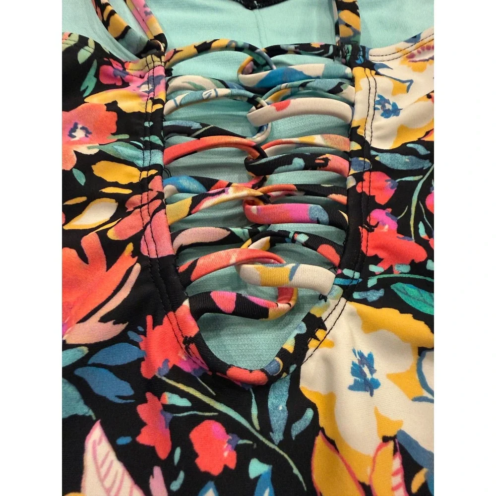 Ron Jon Surf Shop Girls Floral‎ One Piece Swimsuit Strappy Back Black Size 12